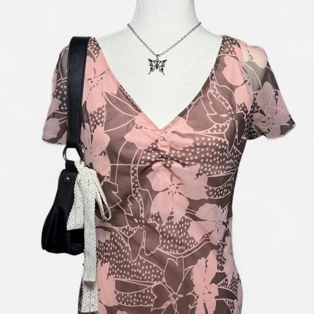 F.L.P. Faith Love Passion Pink Brown Floral Mesh Midi Dress Y2K Vintage Size 10